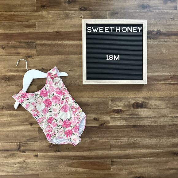 NEW SweetHoney Leotard Watercolor Candy Clusters Floral Pink Cream Ruffle 18M - Picture 1 of 5